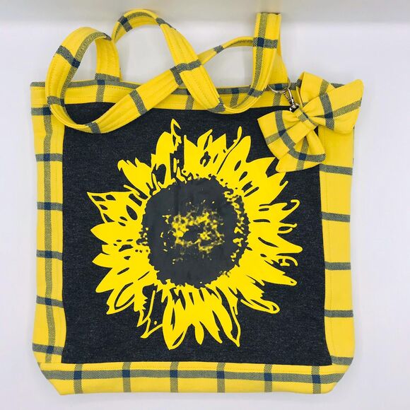 Handmade Tote Bag: Repurposed, Sunflower on Plaid, Grey, Yellow, Blue, Cottage - Picture 1 of 10